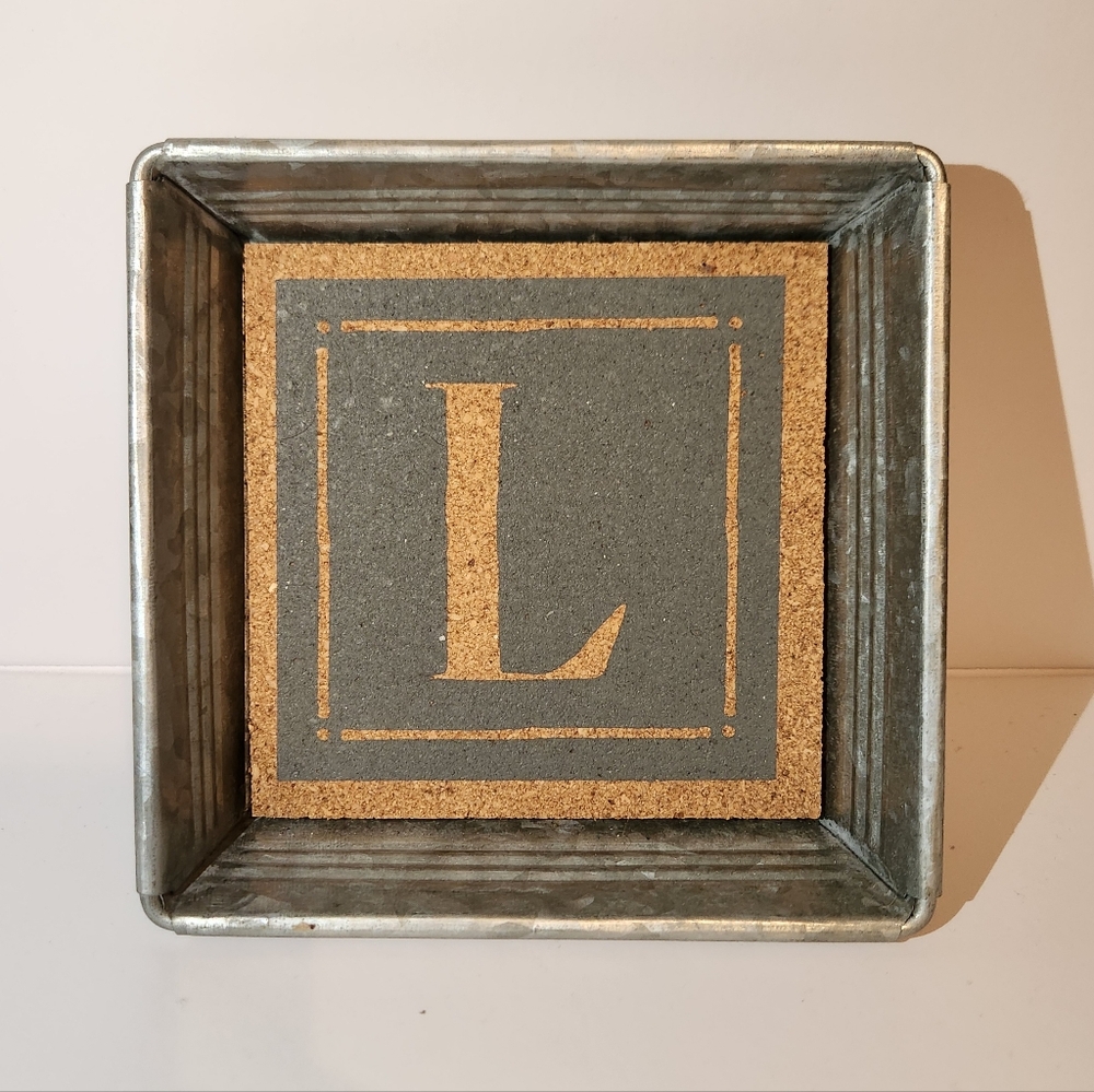 Rustic Aluminum & Cork Monogram "L" Trinket Tray NWT